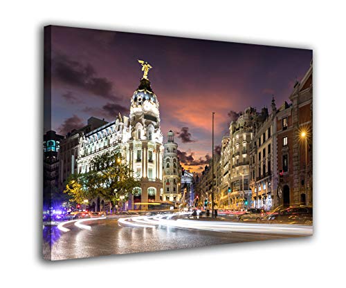 Cuadro lienzo Gran Via de Madrid con cielo rosado – Varias medidas - Lienzo de tela bastidor de madera de 3 cm - Impresion en alta resolucion (120, 71)