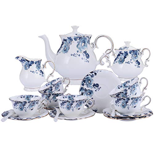 fanquare 15 Piezas Juegos de Té de Porcelana con Flores Azules, Vintage Juego de Café Inglesa, Servicio de Té de Boda para Niña