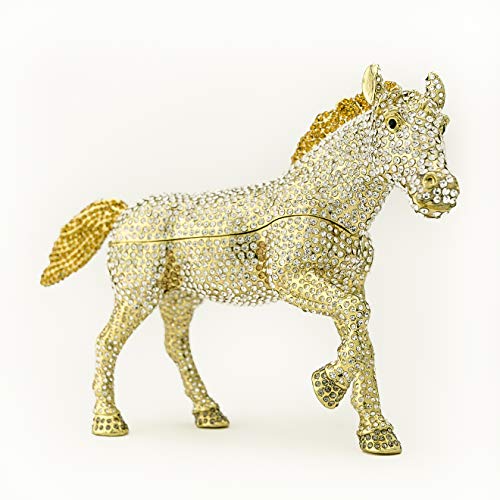 Keren Kopal Joyero dorado decorado con cristales para almacenamiento de joyas, diseño de caballo de granja pintada a mano, ideal como regalo para decoración del hogar