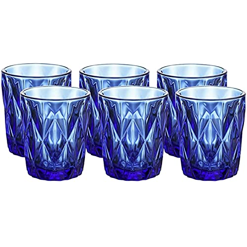 Vasos de agua de cristal de color Azul Cobalto con diseño de diamantes Juego de 6 (Azul Cobalto 2)