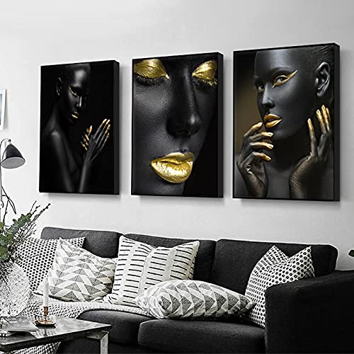 Cuadro en lienzo negro dorado mujer africana imágenes artísticas de pared mujeres desnudas carteles artísticos impresiones obras de arte modernas decoración de la sala de estar 60x80cmx3pcs sin marco