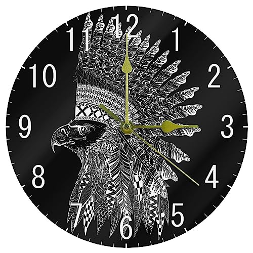 Zentangle - Reloj de pared decorativo con cabeza de águila en capó de guerra con plumas, sin tictac, funciona con pilas, redondo, fácil de leer, para el hogar, la oficina, la escuela