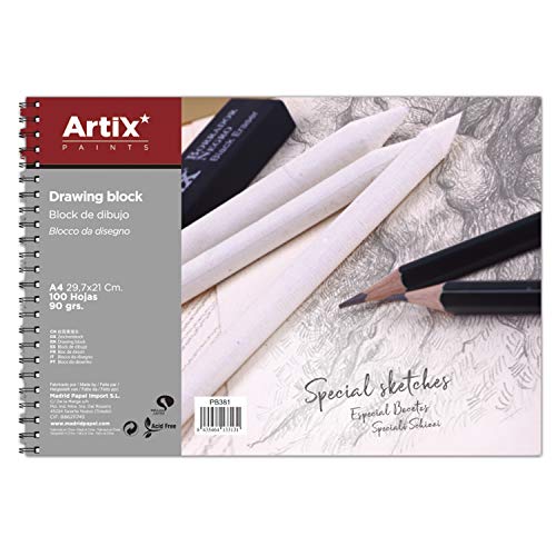 ARTIX, Bloc de Dibujo, Tamaño A4, 100 Hojas de 90grs, Bloc de Bocetos con Espiral, 29.7x21 cm, Ideal para Dibujar con Carboncillo, Lápiz, Rotulador, Ceras o Pinturas