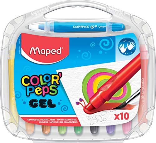Maped - Ceras de Colores para Niños - Gel - 10 Pinturas de Colores - Gel Acuarelable - Deslizamiento Completo - Sistema Twist para Manos Limpias - Gran Poder Cubriente