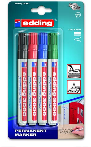 edding® marcador permanente, 3000, punta redonda, 1,5 – 3 mm, color de escritura: 4 colores surtidos (4 unidades), recibirás 1 paquete de 4 unidades