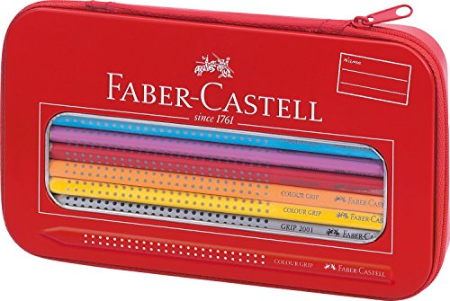 Faber-Castell 112450 - Estuche de metal con 16 ecolápices de colores, 1 ecolápiz triangular de grafito y 1 afilalápices, cierre de cremallera, multicolor