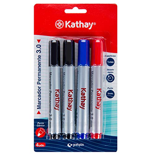 Kathay 86211699. Pack de 4 Rotuladores Permanentes, Colores Negro, Azul y Rojo, Punta Cónica 3mm, Secado Rápido, Todo Tipo de Superficies
