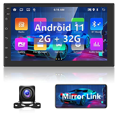 Android 11 Radio Coche 7 Pulgadas 2G + 32G GPS Reproductor 2 DIN 2.5D Pantalla táctil con Navegación, WiFi, Bluetooth, Mirror Link, FM RDS Radio, Cámara de visión Trasera, USB, Soporte SWC, Subwoofer