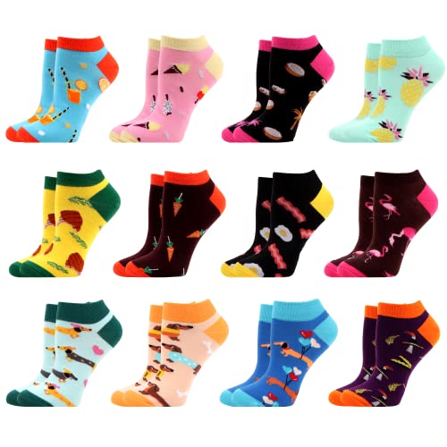 WeciBor Calcetines Cortos de Algodón Fantasía Mujer Divertidos Coloridos Pattern Diseños calcetines de corte bajo 12 Pares，Tamaño 37-42