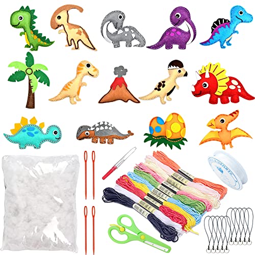 Allazone Kit de Costura para Niños, Juego de Manualidades Coser 14 Estilo Dinosaurio Animal Kit Manualidad de Coser Fieltro para Principiantes, Regalo DIY