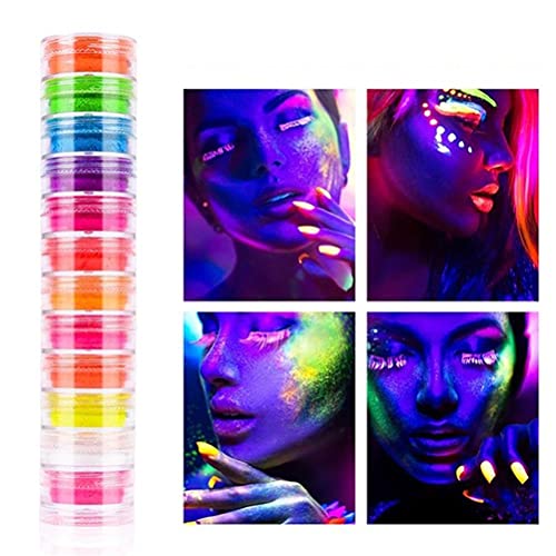 Akemaio Colores de neón fosforescentes luminiscentes fluorescentes luminiscentes en polvo de uñas que brillan en la oscuridad Kit de arte de uñas Kit de maquillaje para el cuerpo de la cara DIY