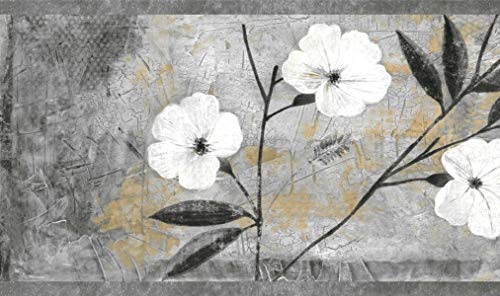 Dundee Deco BD6054 - Borde de papel pintado para despegar y pegar, diseño floral, blanco, gris, marrón, negro, flores abstractas, diseño retro, 4,57 m x 17,78 cm, autoadhesivo