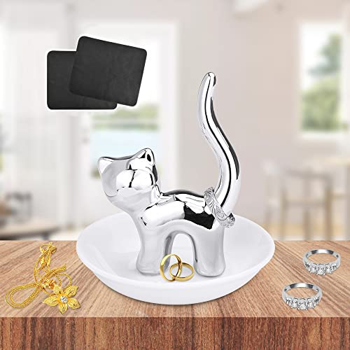 RECHCIGA Porta Anillos Gato Soporte Anillos Gato de Cerámica Porta Anillos Plato Soporte de Joyería Moderna con 2 PCS Paño de Limpieza Plato de Joyería de Gato para Guardar Anillos Pendientes Joyería