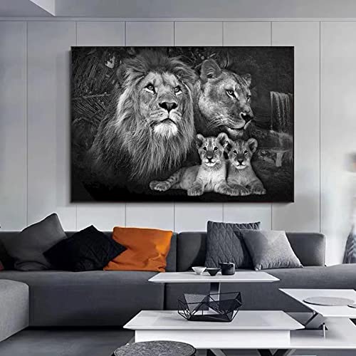 Blanco y negro Animal Wall Art Canvas Painting Baby Lion Family Posters and Prints Wall Picture for Living Room Decor 80x110cm (31x43in) Con marco