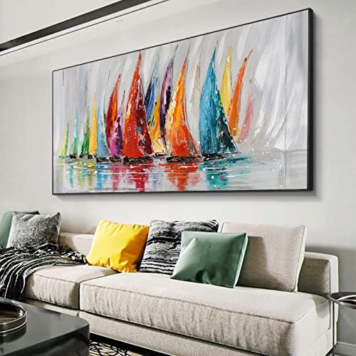 Colorido barco de vela pintura de gran tamaño lienzo arte de pared moderno cuadro de pared para sala de estar dormitorio decoración 122x60 cm/48x24 pulgadas con marco negro