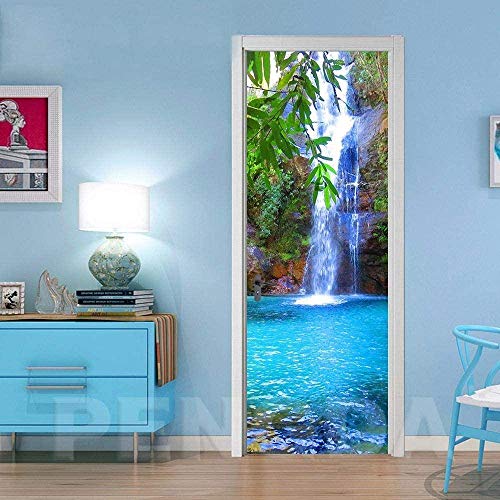 Pegatinas para puertas 3D Cascada Árbol Naturaleza paisaje Decalcomania in vinile autoadesivo rimovibile Decorazione per la casa Poster per porta fai da te Regalo per camera dei bambini-77x200CM