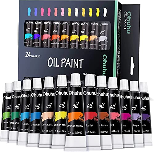 Juego de pinturas al óleo Ohuhu, 24 tubos de 12 ml, 24 colores a base de aceite. Pinturas al óleo aptas para papel, lienzo, madera, cerámica, tela y manualidades.