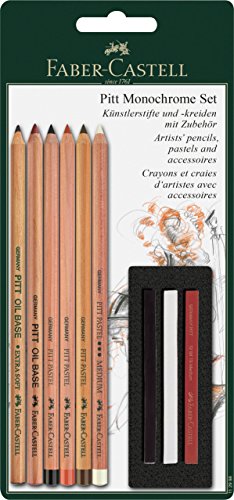 Faber-Castell 112998 - Set Pitt Monochrome de 6 lápices y 3 tizas