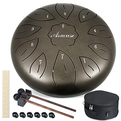 Asmuse Tambor de Lengüeta,C 10 Pulgadas Tongue Drum Acero al carbono,11 Notas Percusión Tambor de la Lengua con Bolsa de Viaje Acolchada, par de mazos,púas de Dedo Modelo Marrón oscuro