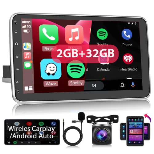 1 DIN Radio de Coche 2GB 32GB Android 11 Hodozzy Carplay Inalámbrico Android Auto 10 Pulgadas Pantalla Coche Vertical Girada Estéreo 1 DIN con GPS WiFi Bluetooth Radio FM/RDS, Cámara Trasera SWC USB