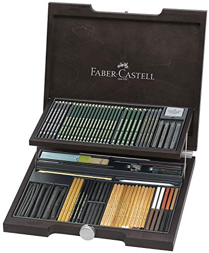 Faber-Castell 112971 - Estuche de madera Pitt monochrome con 86 piezas selección de ecolápices, tizas, carboncillos y grafitos con accesorios
