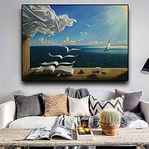 Jianghu Art Salvador Dali Pintura al óleo The Waves Libro Velero Decoración del hogar Pinturas murales en lienzo Carteles Impresiones Arte de la pared Imágenes 80x120cm (32x31in) Con marco