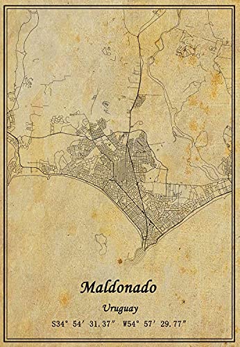 Póster de mapa de Maldonado de Uruguay en lienzo con impresión de estilo vintage sin marco para decoración de regalo de 22 x 35 cm
