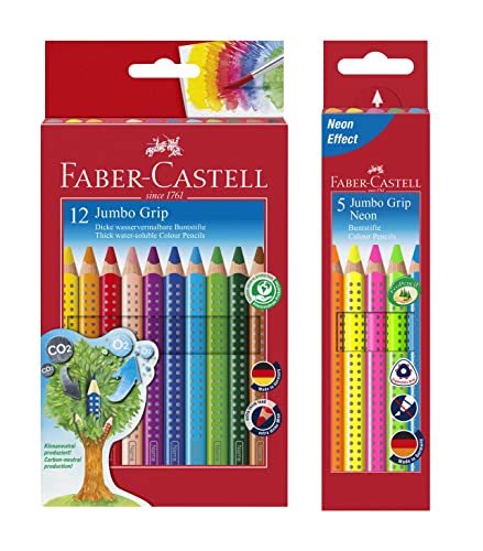 Faber-Castell Bundle 110912 lápices de jumbo grip 12 estuche de cartón; incluye sacapuntas y FABER-CASTELL 110994 – Estuche de lápices de colores JUMBO GRIP Neon, 5, color Bundle neon + 12er bunt