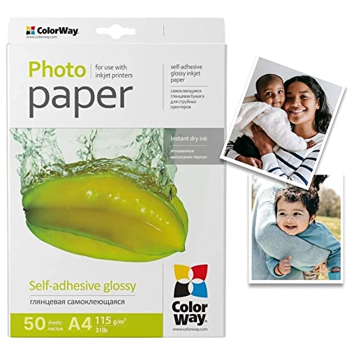 COLORWAY papel fotográfico de alto brillo autoadhesivo 50 hojas DIN A4 115g/m² etiquetas de secado instantáneo resistente al agua para todas las impresoras de inyección de tinta calidad fotográfica