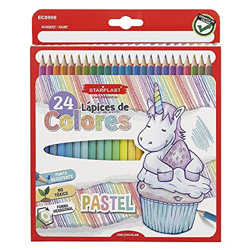 Starplast 24 LÁPICES DE COLORES PASTEL - Set de 24 lápices de colores pastel, para dibujo artístico, para colorear. Uso escolar y artístico.