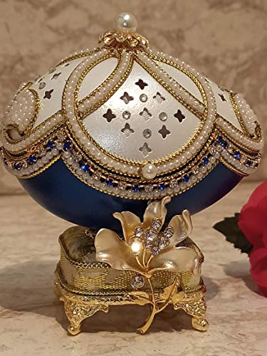Sapphire Blue Faberge Egg Jewelry Box Flower ONLYONE Unique Gift for Bride Engagement Gift Fiance Wedding Gift Idea Russian Faberge egg style 24k GOLD 3ct Floral Music box for women & Bracelet for her