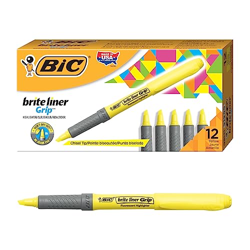 BIC Highlighter Grip, Subrayadores Fluorescentes con la Tecnología Antisecado, Óptimo para Uso Escolar y de Oficina, Amarillo, Paquete de 12