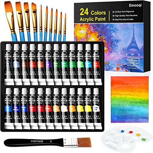 Buluri Set de 24 Tubos de Pinturas Acrilicas, 24 Colores x 12ml Pintura Acrílica con 10 Pinceles 1 Paleta 1 Lienzo, para Tela, Cerámica, Arcilla, Madera y Tela