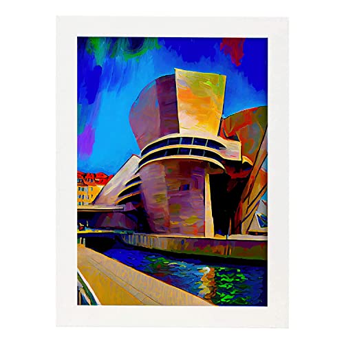 Nacnic Poster de Museo Guggenheim en estilo Pintura al Óleo. Ilustraciones de monumentos y ciudades en estilo fotográfico a todo color. Diseño y Decoración de Interiores. A4 Marcos Blancos.