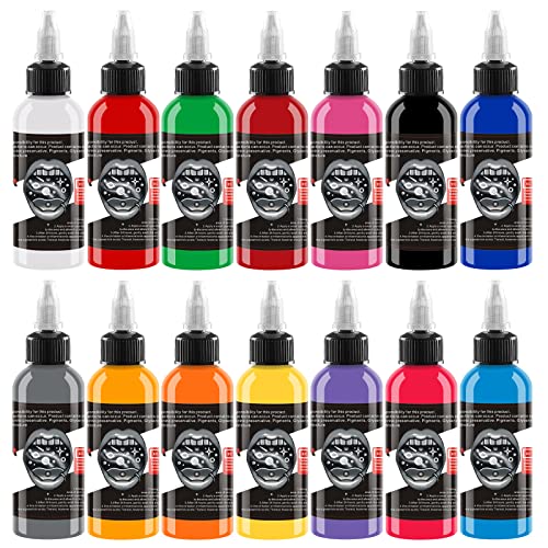 Dld14 professional tattoo ink sets (1 ounce, 30 ml/bottle) full color tattoos pure pigment ink permanent tattoo suitable for body painting makeup body art and beauty micro grading.