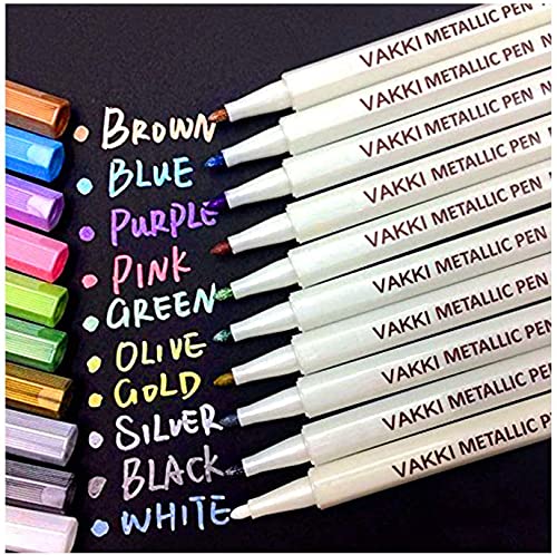 VAKKI Rotuladores metálicos, rotuladores, juego de 10 colores surtidos para dibujo de álbum de fotos/regalo de cumpleaños por bricolaje Tarjeta para hacer bricolaje Pintura de roca Vidrio