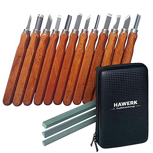 HAWERK Juego de gubias para tallar madera para principiantes y profesionales | 12 cinceles para madera + 3 piedras de afilar + Estuche Hawerk