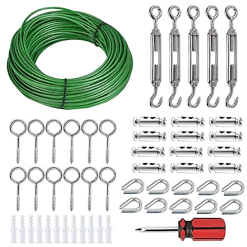 HAOMEEDUO 53Pcs I Juego de 30m 3mm Cable de Alambre Cable de Acero Cuerda de Acero Inoxidable Recubierto de PVC con Tensores Alambre/Abrazadera Colgar Cortinas Luces de Cadena, Toldos, Lona, Tendedero