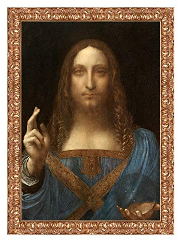 LuxHomeDecor Cuadro impresión sobre lienzo Leonardo de Vinci Salvador Mundi con marco de madera dorado clásico, tamaño 62 x 46 cm