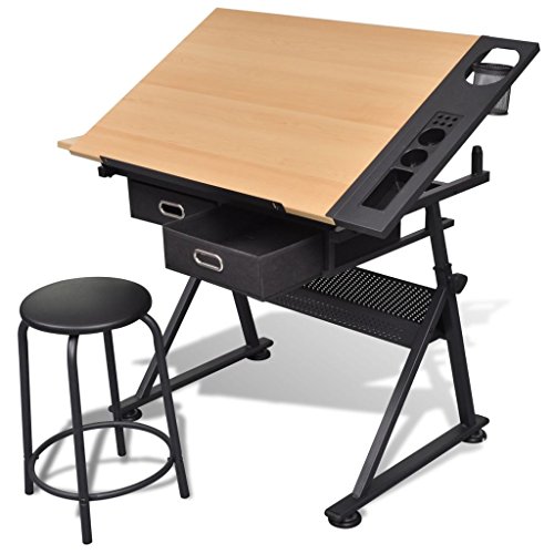 AYNEFY Mesa de dibujo, mesa de trabajo de arquitectos, mesa de dibujo inclinable con taburete con dos cajones para dibujantes