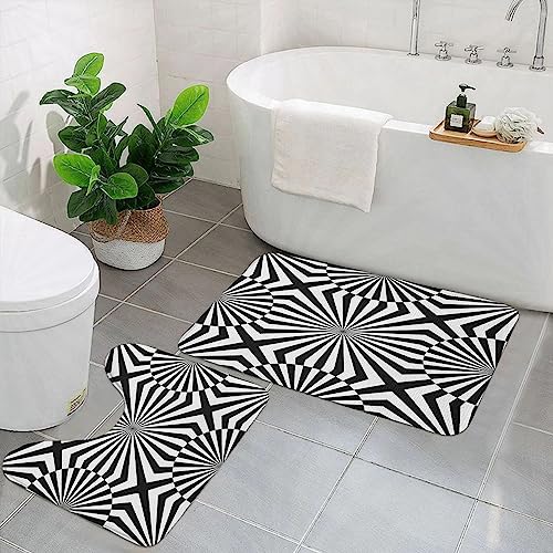 Tapete de baño de espuma viscoelástica 2 piezas, Ilusión óptica Op Art Patrón Monocromo Composición gráfica Ra,antideslizante y absorbente,alfombra de contorno en forma de U para bañera,ducha y baño.