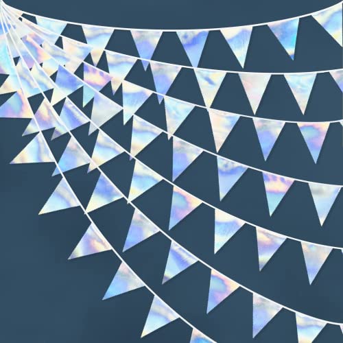 Guirnalda de banderines holográficos metálicos, 32 ft iridiscentes de tela iridiscente con triángulo de doble cara para bodas, baby shower, discoteca, euphoria Galaxy Party Supplies