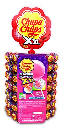 Chupa Chups XXL, Caramelo relleno de Chicle con Palo de Sabores Variados, Rueda de 105 unidades de 29 gr. (Total 3.045 gr.)