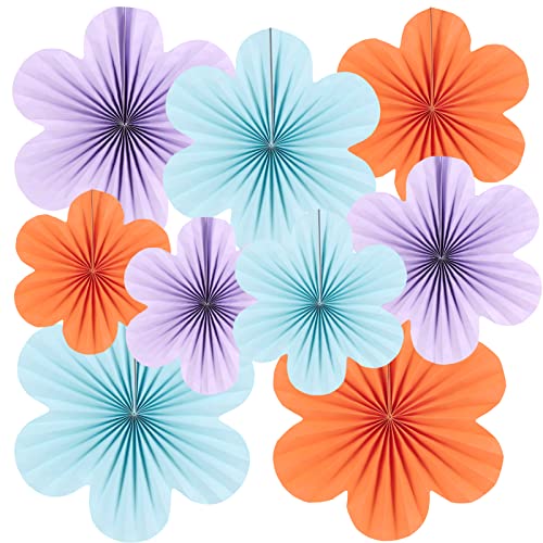 SUNBEAUTY 9 unidades de papel abanico decoración colgante guirnalda azul violeta claro naranja flores abanicos de papel decoración para bodas cumpleaños té fiesta decoración de mesa sala de Garland