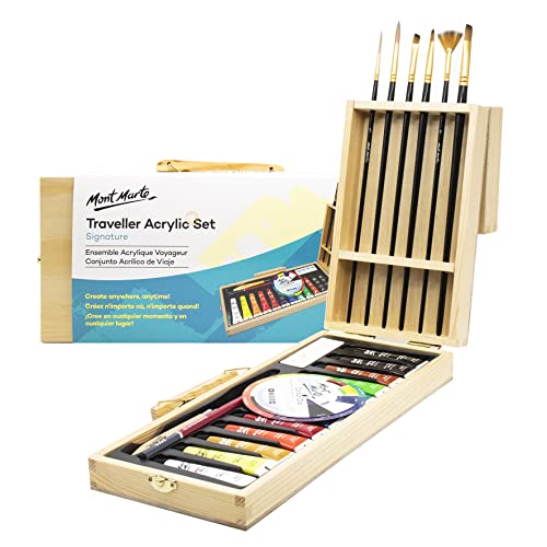 Mont Marte Pintura Acrilica Set – 23 Piezas – Incluye 12x Pinturas Acrílicas, 6X Pinceles y más – En un Compacto Estuche de Madera