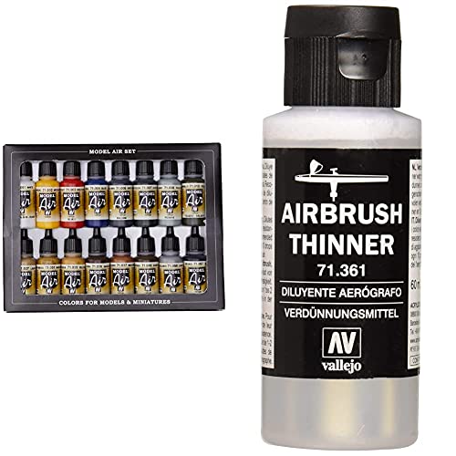 Vallejo MODEL AIR SET: Colores Básicos 16 Hobby Colors + 71361 AUXILIAR THINNRT DILUYENTE AE