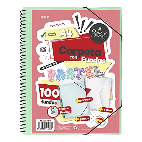 CARPETA ESPIRAL FLEXIBLE STARPLAST - 100 fundas transparentes, A4, cierre elástico, tapa polipropileno, portada personalizable. Uso escolar, oficina - color VERDE PASTEL