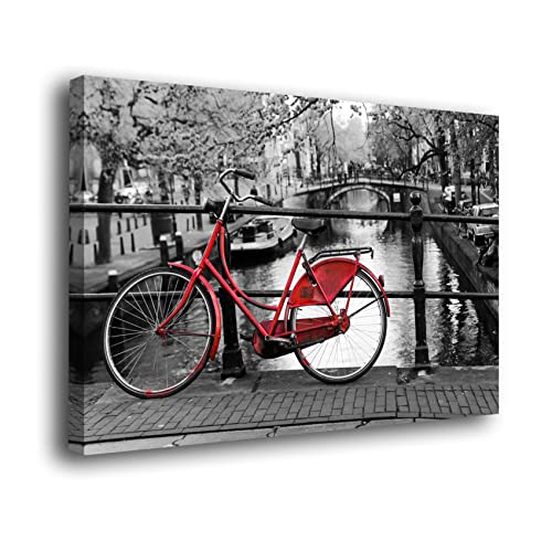 Genérico Cuadro lienzo canvas Bicicletas roja fondo blanco y negro canal de Amsterdam – Varias medidas - Lienzo de tela bastidor madera de 3 cm - Alta resolucion (120, 80)