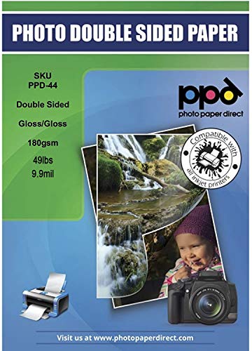 PPD A4 x 50 Hojas de Papel Fotográfico de Doble Cara - Acabado Brillante - Gramaje de 180 g/m² - Para Impresora de Inyección de Tinta Inkjet - PPD-44-50
