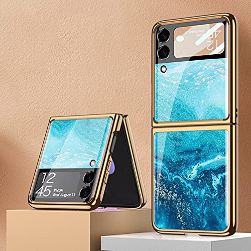 Funda Coque Galaxy Z Flip 3 5G, Carcasa para teléfono móvil Pintada Brillante de Cristal ultradelgada 9H, Funda Plegable para Samsung Galaxy Z Flip 3 5G-Azul océano Fluido
